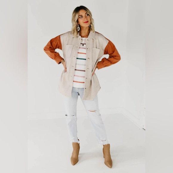 HEM & THREAD Quinn Color Block Shacket - Taupe/Rust - Picture 2 of 7